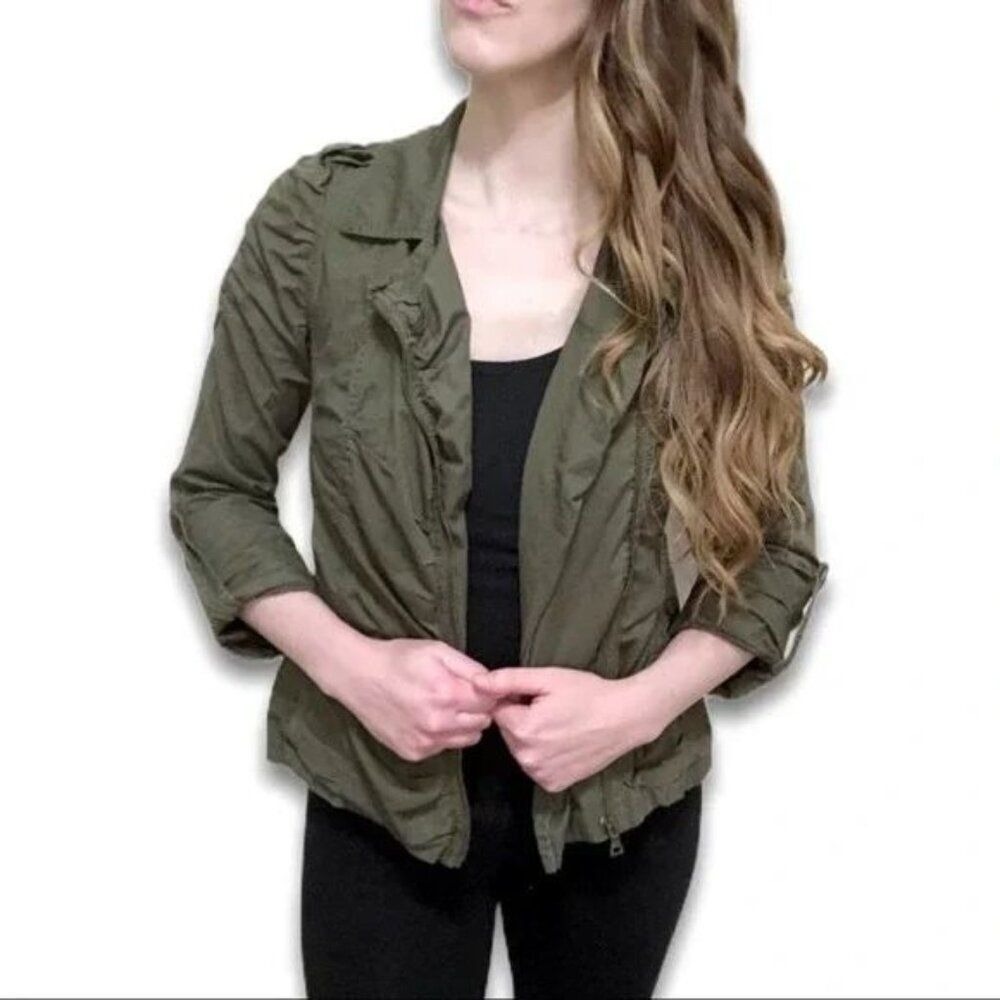 Green Utility Jacket Lightweight Ruched‎ Zip Front Small - Picture 2 of 11